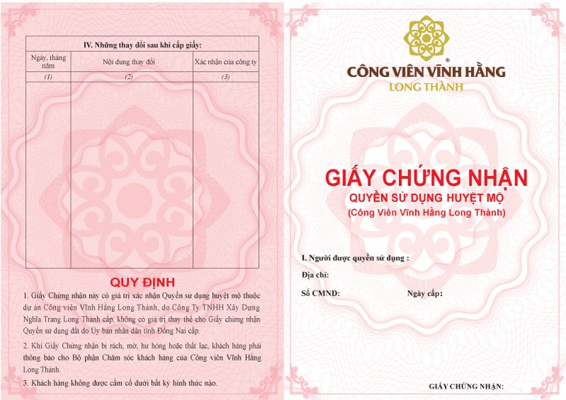 Mẫu sổ hồng tại Vĩnh Hằng Long Thành