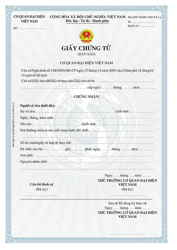 Form điền cấp giấy chứng tử